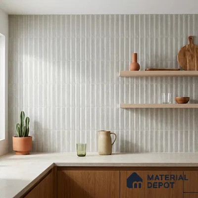 Modern Kitchen with Light Grey Fluted Vertical Backsplash Tile and Wood Cabinets