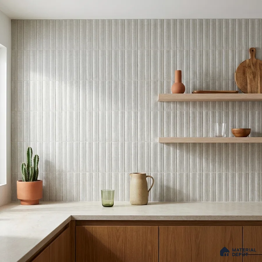 Modern Kitchen with Light Grey Fluted Vertical Backsplash Tile and Wood Cabinets