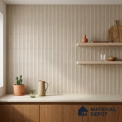 Modern Kitchen with Ivory Fluted Vertical Backsplash Tile and Oak Cabinets