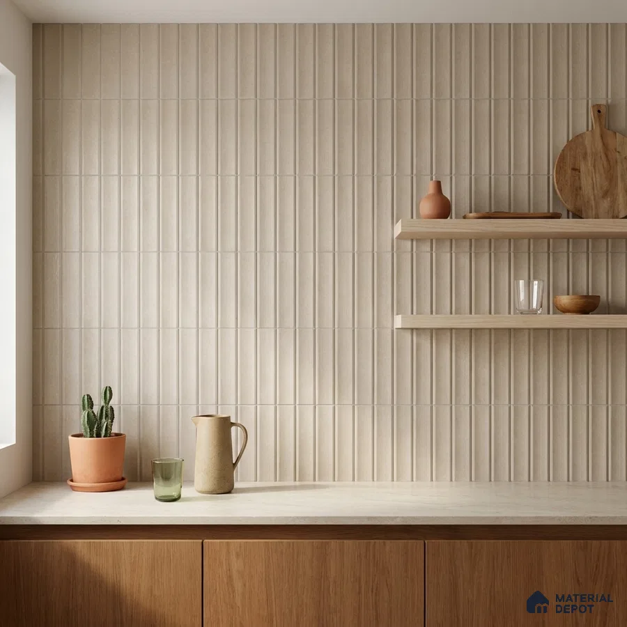 Modern Kitchen with Ivory Fluted Vertical Backsplash Tile and Oak Cabinets
