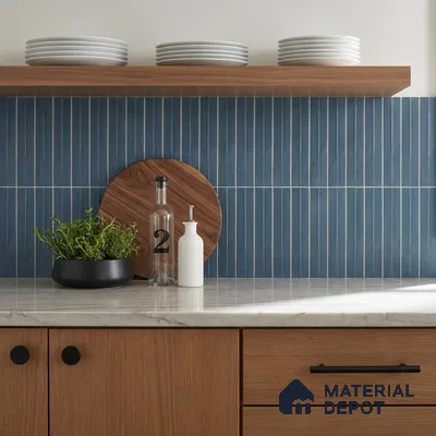 Modern Kitchen with Blue Textured Vertical Backsplash Tile and Oak Cabinets