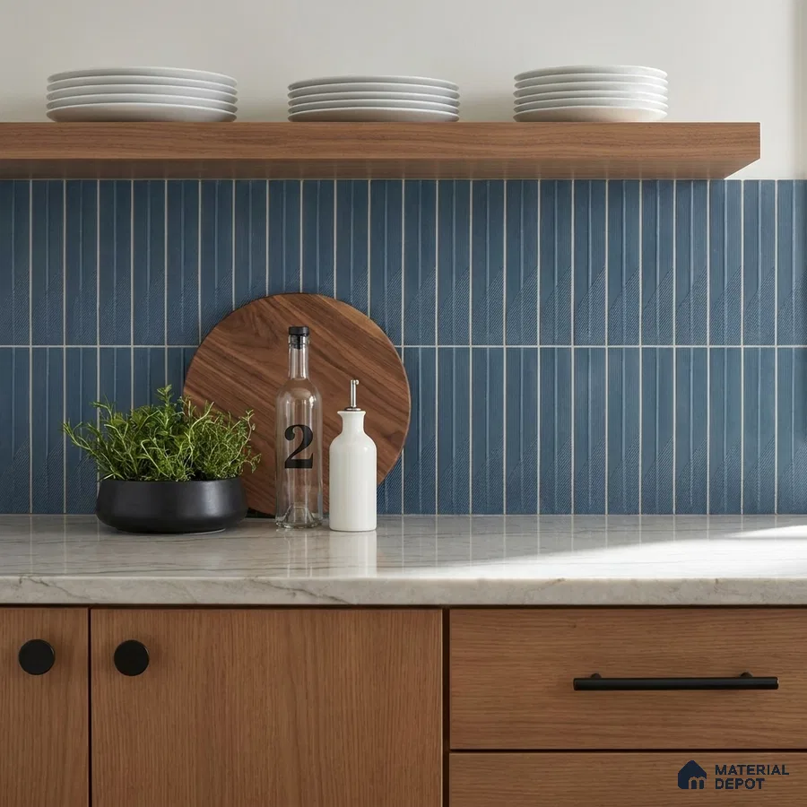 Modern Kitchen with Blue Textured Vertical Backsplash Tile and Oak Cabinets