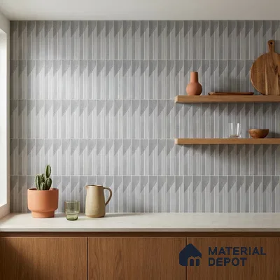 Modern Kitchen with Grey Geometric Triangle Backsplash Tile and Oak Cabinets
