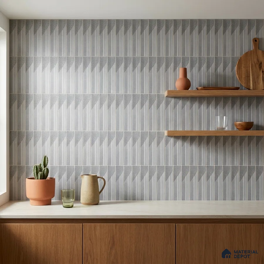 Modern Kitchen with Grey Geometric Triangle Backsplash Tile and Oak Cabinets