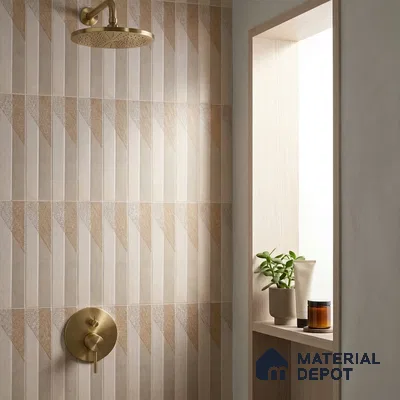 Modern Bathroom with Beige Geometric Triangle Wall Tile and Brass Shower