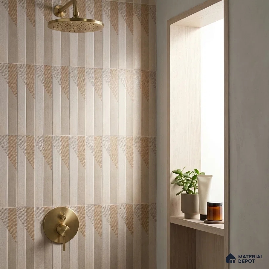Modern Bathroom with Beige Geometric Triangle Wall Tile and Brass Shower