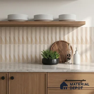 Modern Kitchen with Beige Geometric Triangle Backsplash Tile and Oak Cabinets