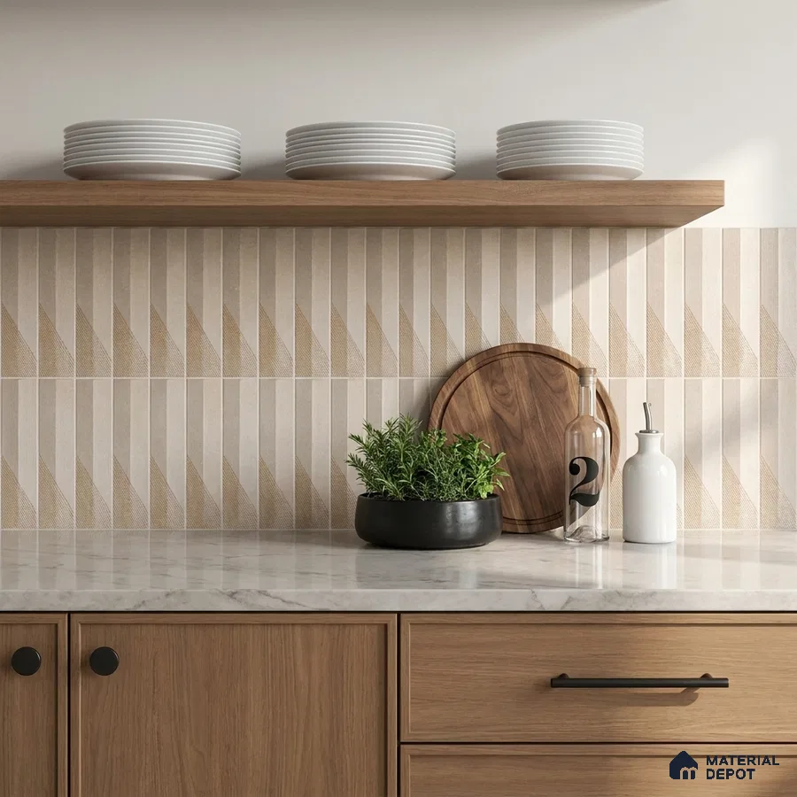 Modern Kitchen with Beige Geometric Triangle Backsplash Tile and Oak Cabinets