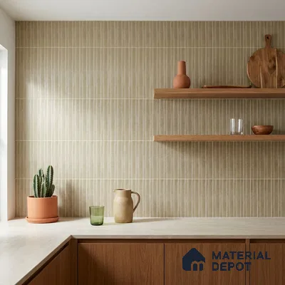 Modern Kitchen with Olive Green Fluted Vertical Backsplash Tile and Walnut Cabinets