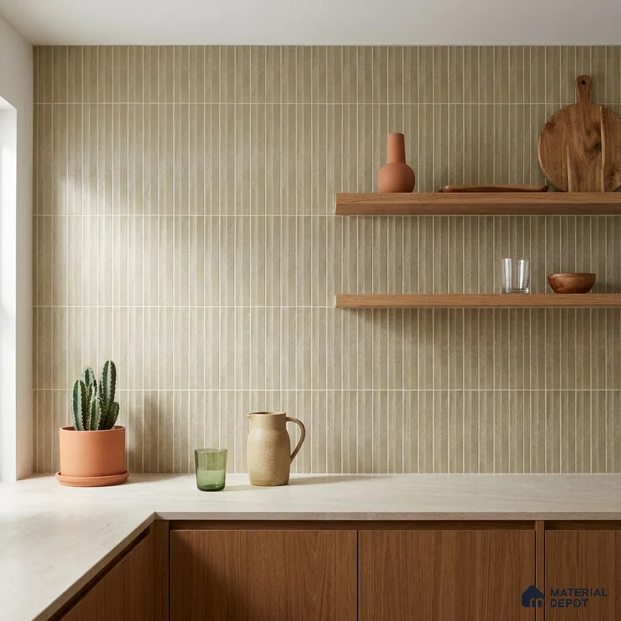 Modern Kitchen with Olive Green Fluted Vertical Backsplash Tile and Walnut Cabinets