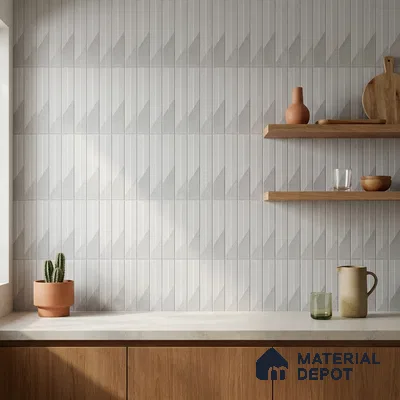 Modern Kitchen with White Geometric Triangle Backsplash Tile and Oak Cabinets