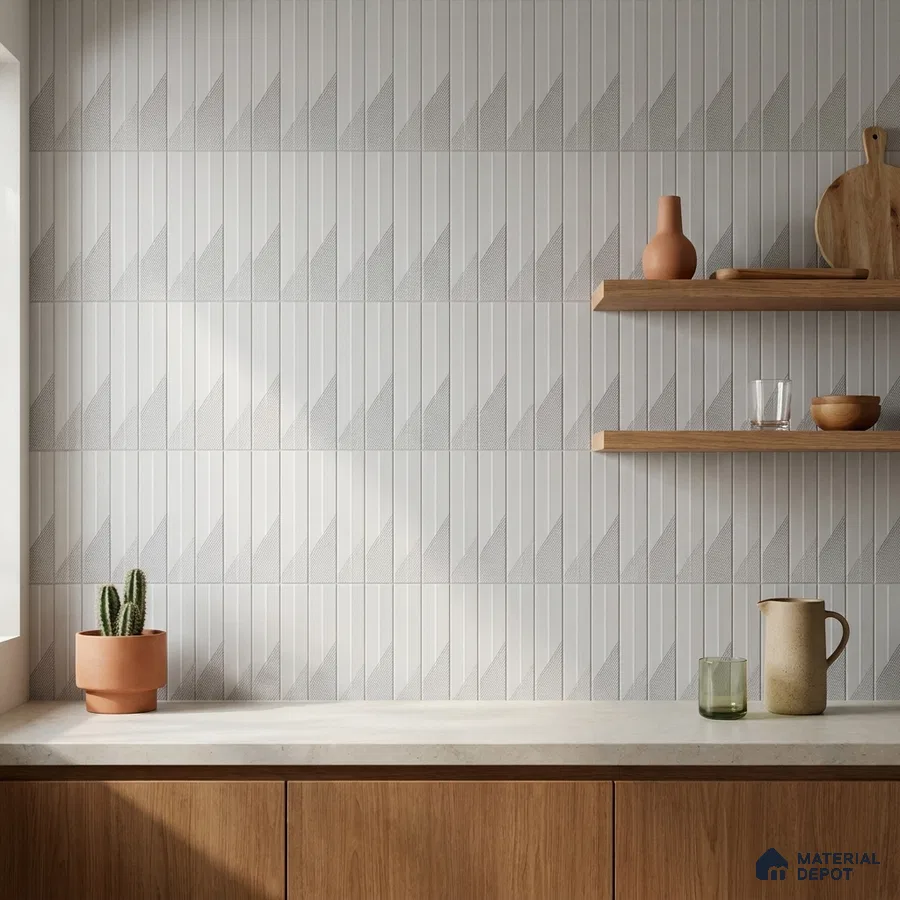Modern Kitchen with White Geometric Triangle Backsplash Tile and Oak Cabinets