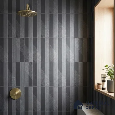 Modern Bathroom with Charcoal Geometric Textured Wall Tile and Brass Shower