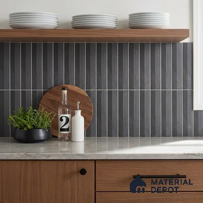 Modern Kitchen with Charcoal Geometric Textured Backsplash Tile and Walnut Cabinets