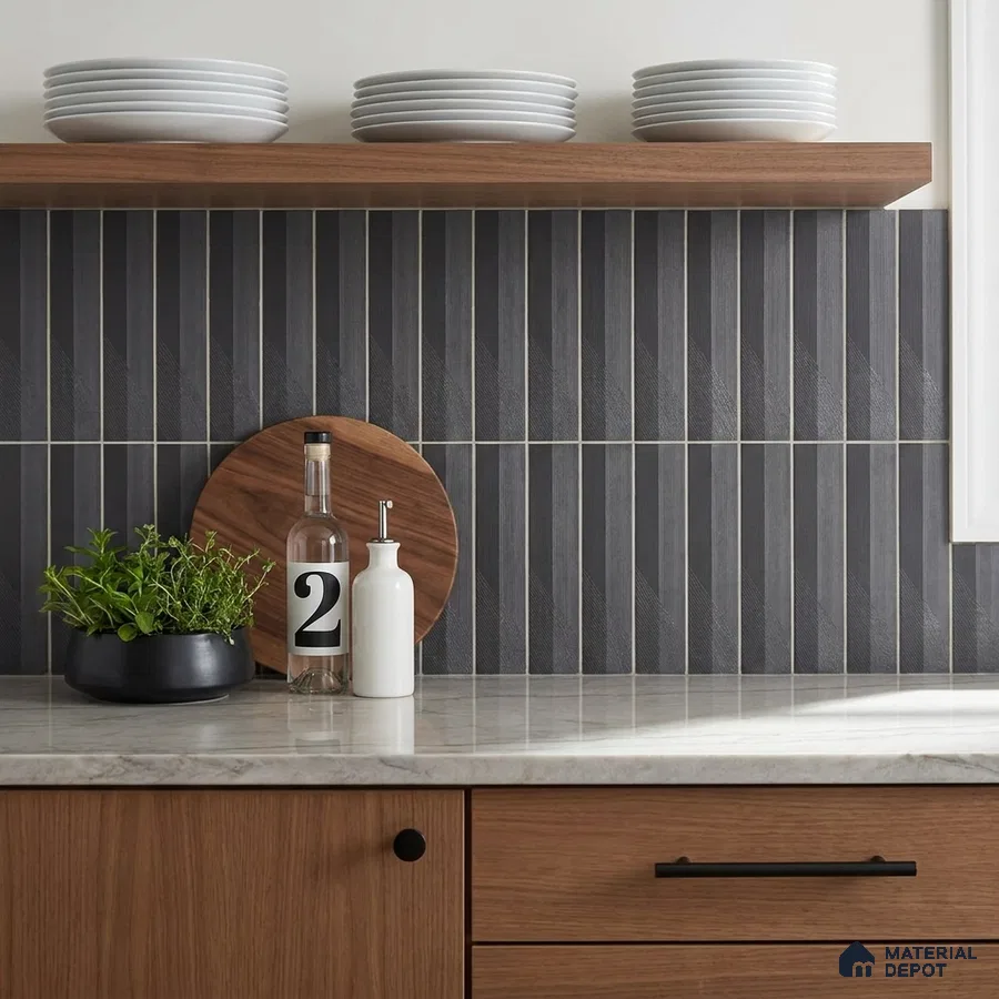 Modern Kitchen with Charcoal Geometric Textured Backsplash Tile and Walnut Cabinets