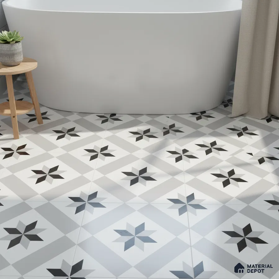 Modern bathroom with black-and-white geometric patterned floor tiles