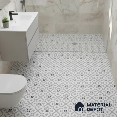 Modern bathroom with marble wall tiles and black-and-white patterned floor tiles
