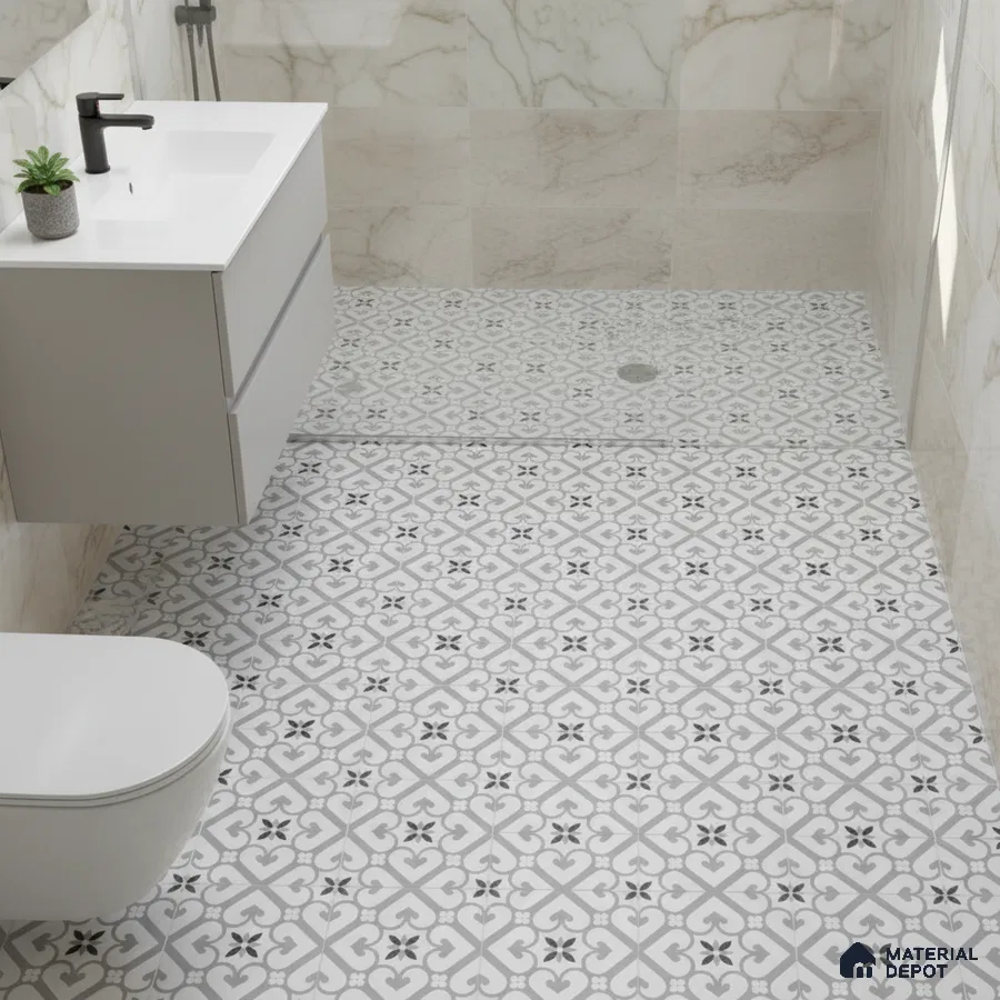 Modern bathroom with marble wall tiles and black-and-white patterned floor tiles