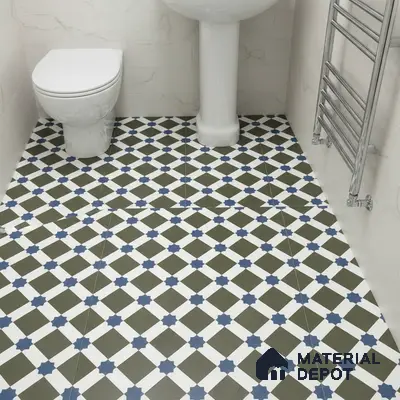 Modern bathroom with geometric patterned floor tiles and marble-look wall tiles