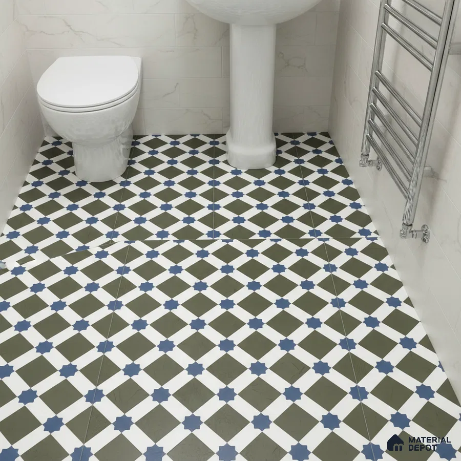 Modern bathroom with geometric patterned floor tiles and marble-look wall tiles