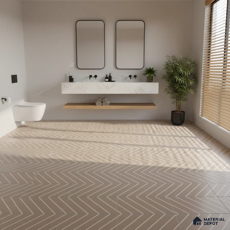 Minimalist bathroom with beige chevron patterned floor tiles and marble-look floating vanity