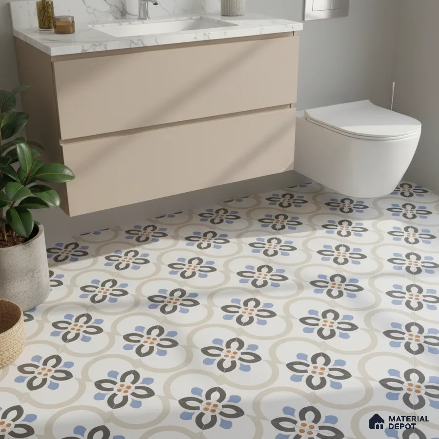 Modern bathroom with beige floating vanity, marble countertop, and blue floral patterned floor tiles