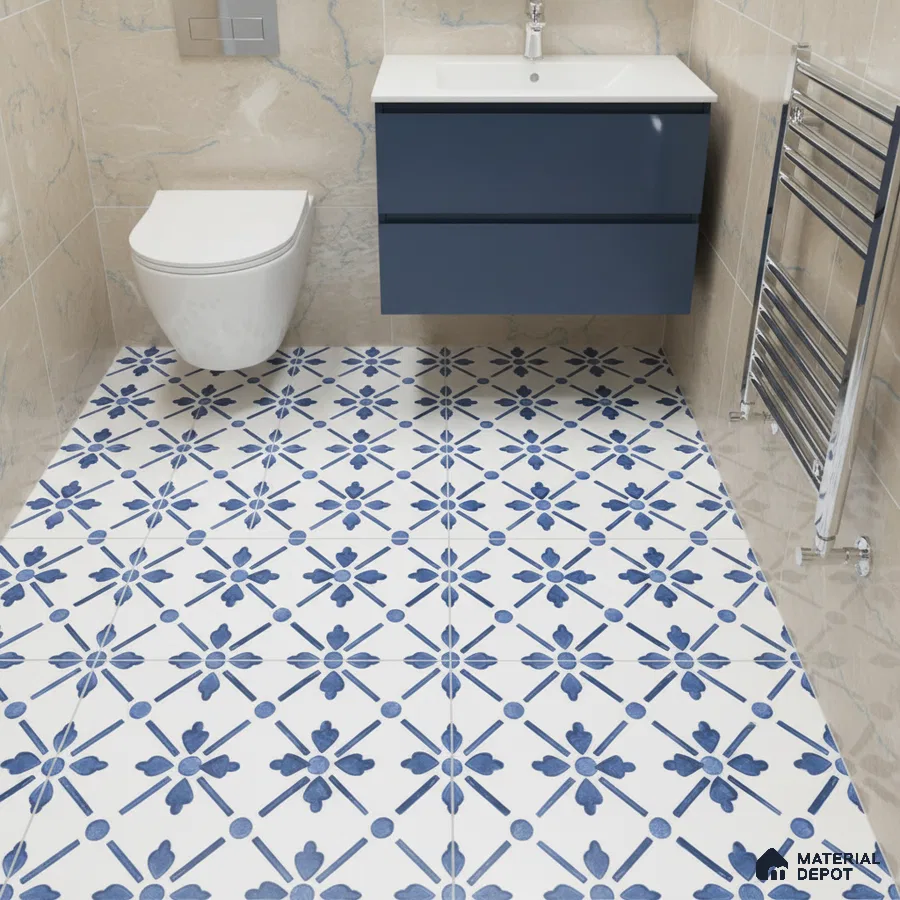 Modern bathroom with blue patterned floor tiles, beige marble wall tiles, and navy floating vanity