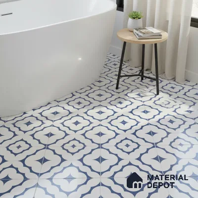 Modern bathroom with blue and white geometric patterned floor tiles