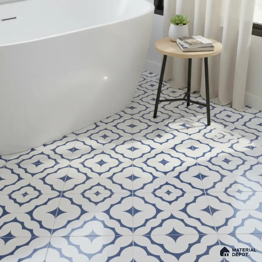 Modern bathroom with blue and white geometric patterned floor tiles