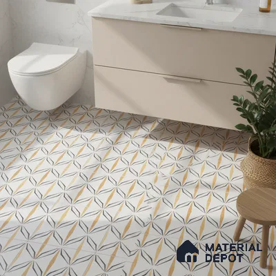 Modern bathroom with beige vanity, white marble countertop, and geometric patterned floor tiles