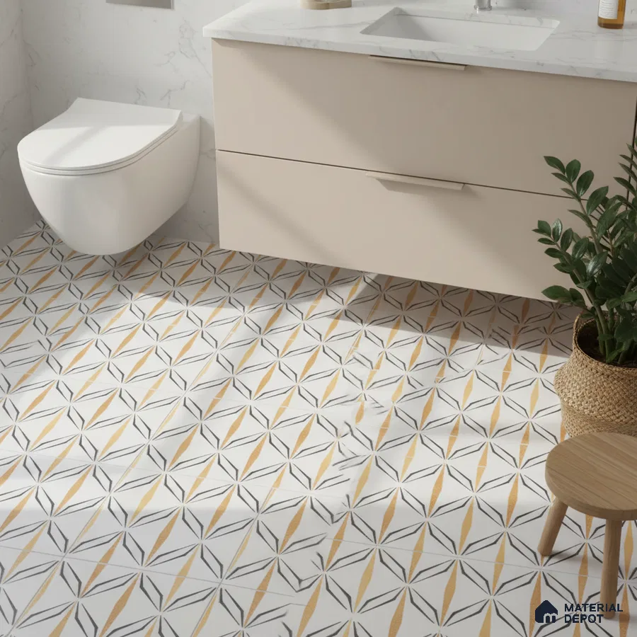 Modern bathroom with beige vanity, white marble countertop, and geometric patterned floor tiles
