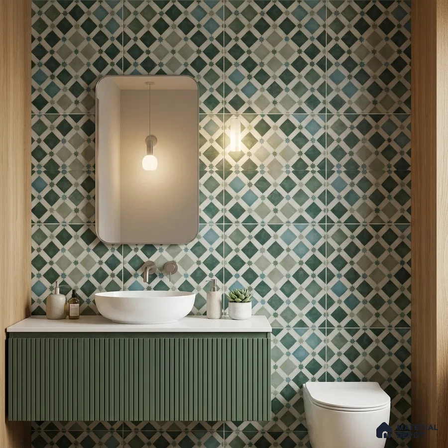 Modern bathroom with green geometric patterned wall tiles and sage green fluted vanity