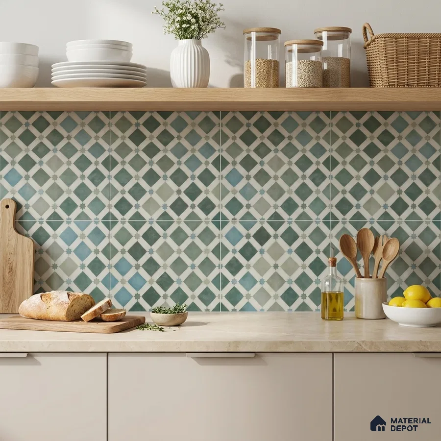 Modern kitchen with geometric green patterned backsplash tile and beige quartz countertop