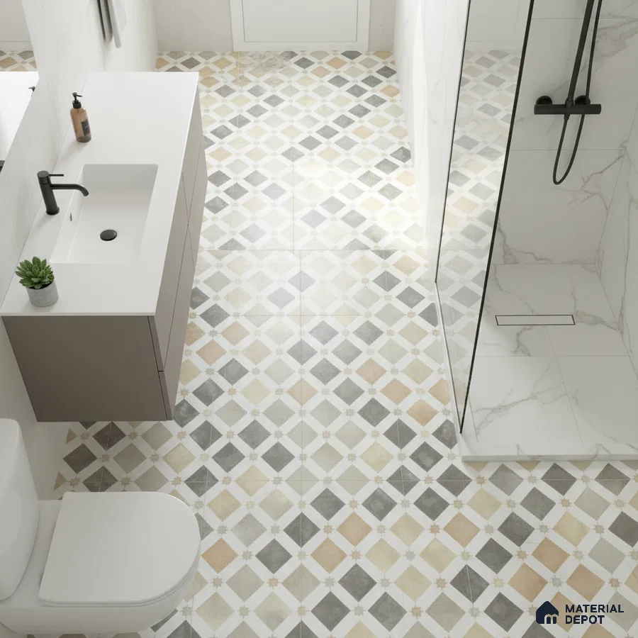 Modern bathroom with geometric patterned floor tiles and marble-look shower wall tiles