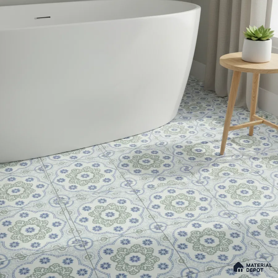 Modern bathroom with blue and sage green patterned floor tiles