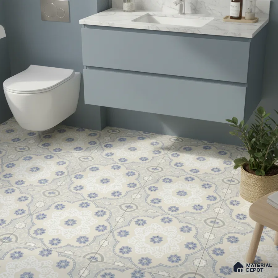 Modern bathroom with blue vanity, white marble countertop, and blue floral patterned floor tiles