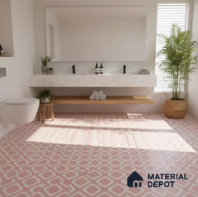 Minimalist bathroom with pink geometric patterned floor tiles and marble-look floating vanity