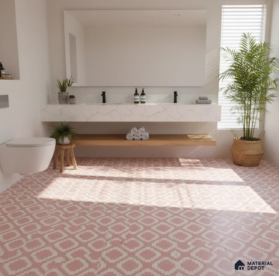 Minimalist bathroom with pink geometric patterned floor tiles and marble-look floating vanity