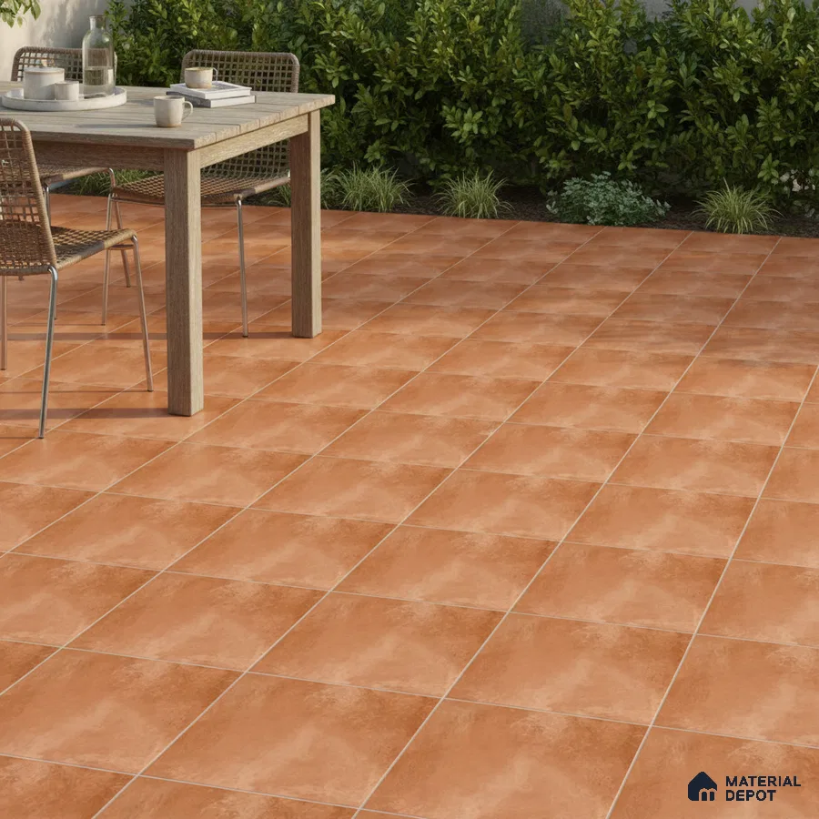 Modern outdoor patio with terracotta floor tiles and wooden dining set