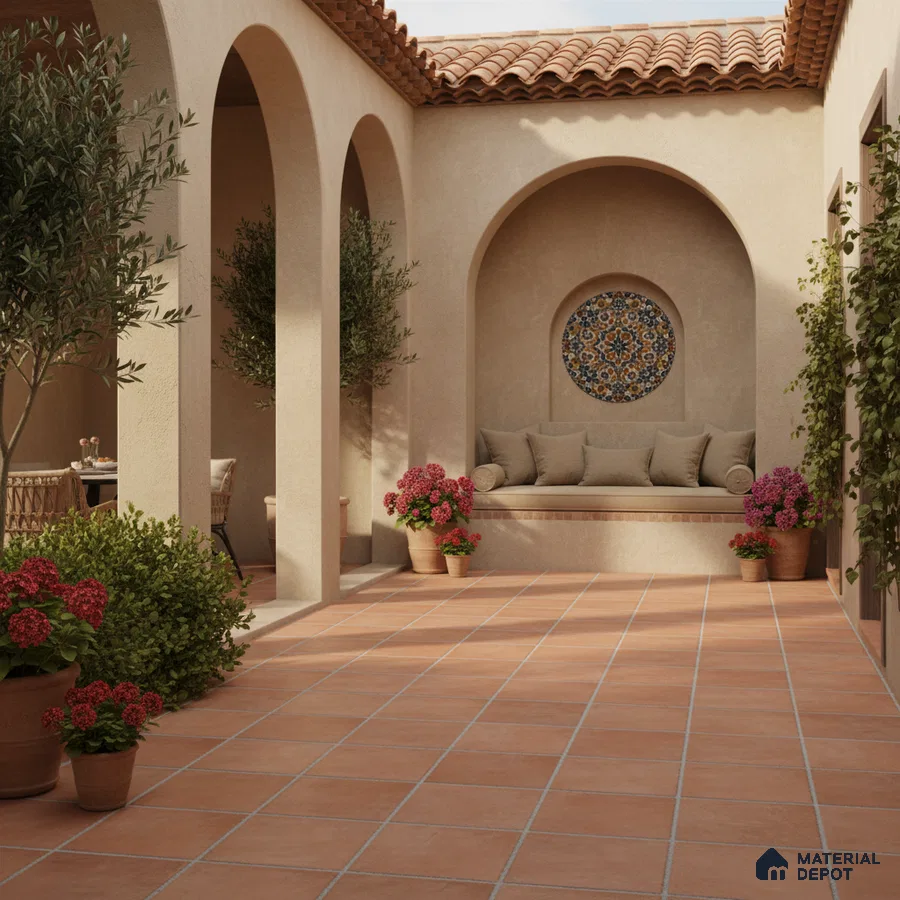 Mediterranean outdoor courtyard with terracotta floor tiles and stucco walls