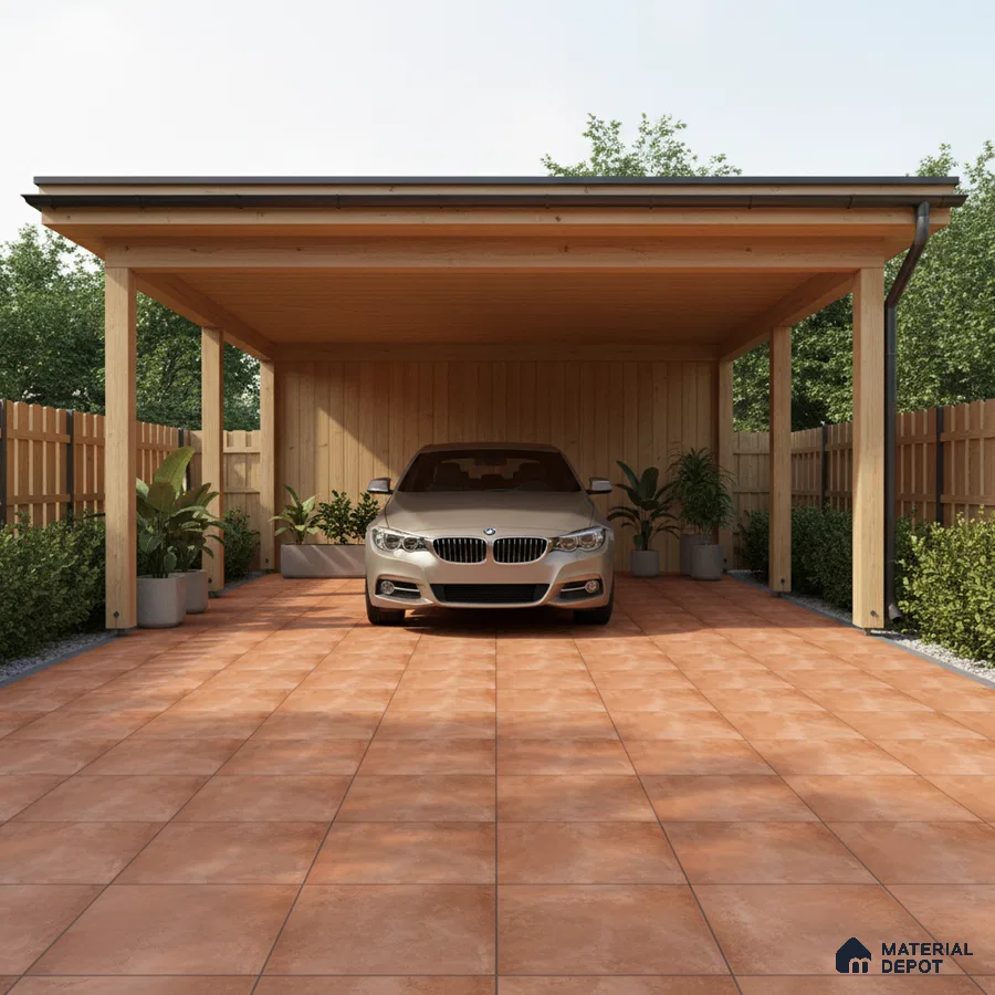 Modern parking with terracotta floor tiles and natural wood cladding