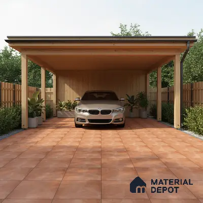 Modern parking with terracotta floor tiles and natural wood cladding