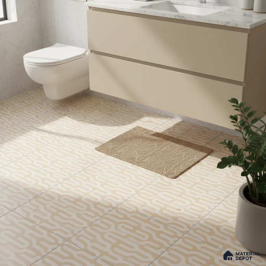 Modern bathroom with beige patterned floor tiles and cream vanity with marble countertop