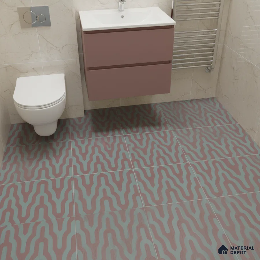 Modern bathroom with mauve floating vanity and geometric patterned floor tiles