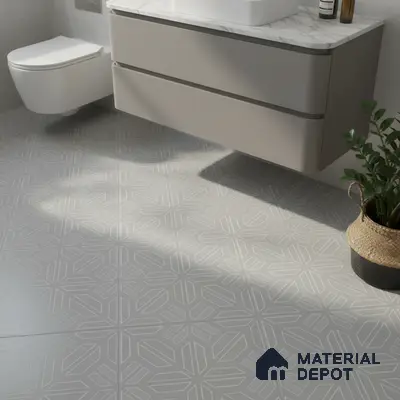 Modern bathroom with geometric patterned grey floor tiles and marble countertop vanity