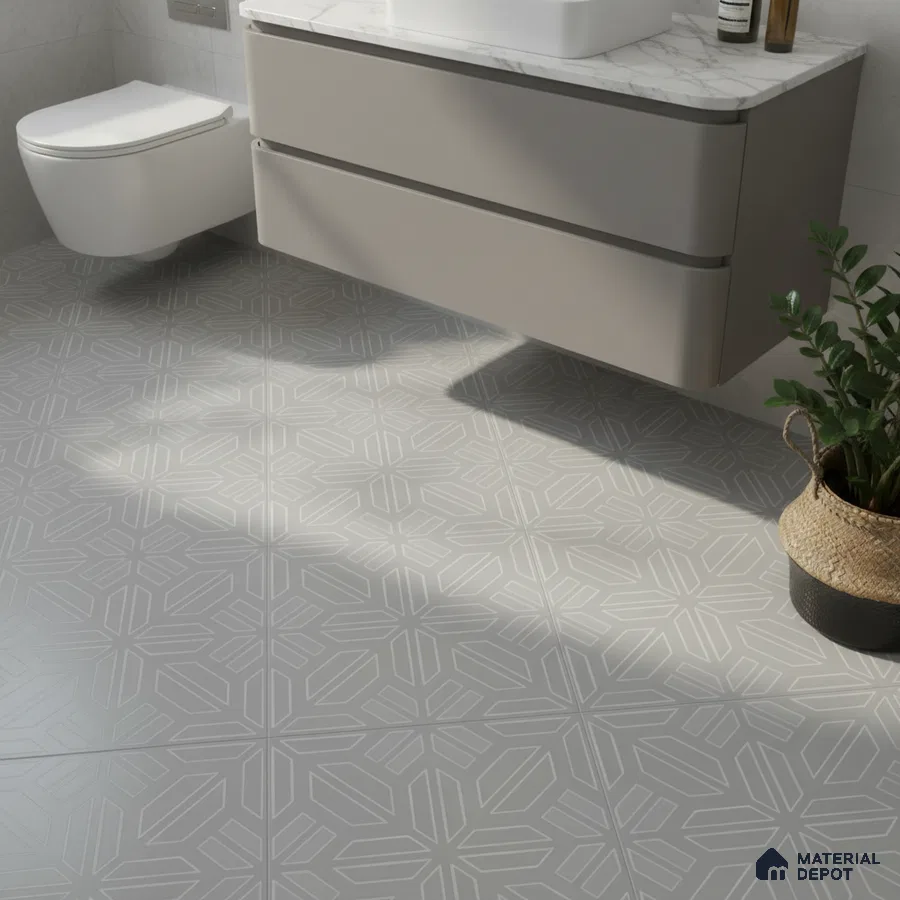 Modern bathroom with geometric patterned grey floor tiles and marble countertop vanity