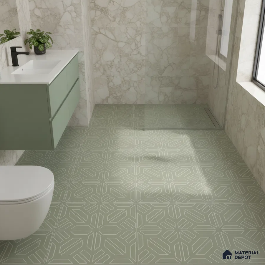 Modern bathroom with sage green patterned floor tiles, marble wall tiles, and sage green floating vanity