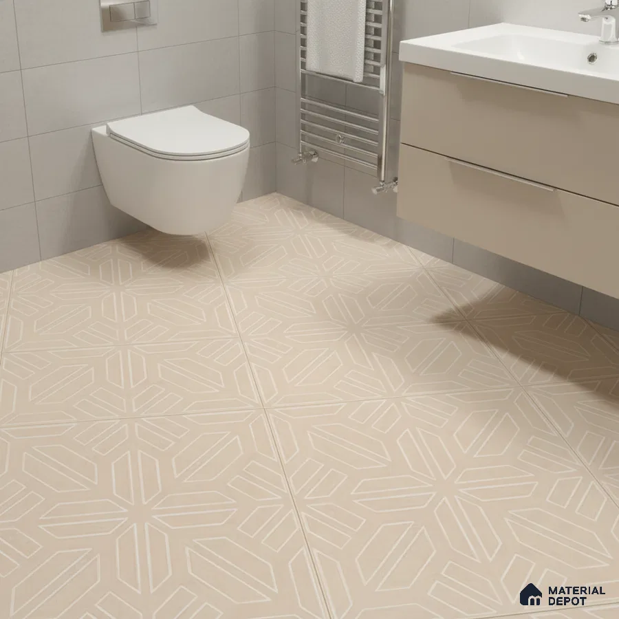Modern bathroom with beige geometric patterned floor tiles and light grey wall tiles