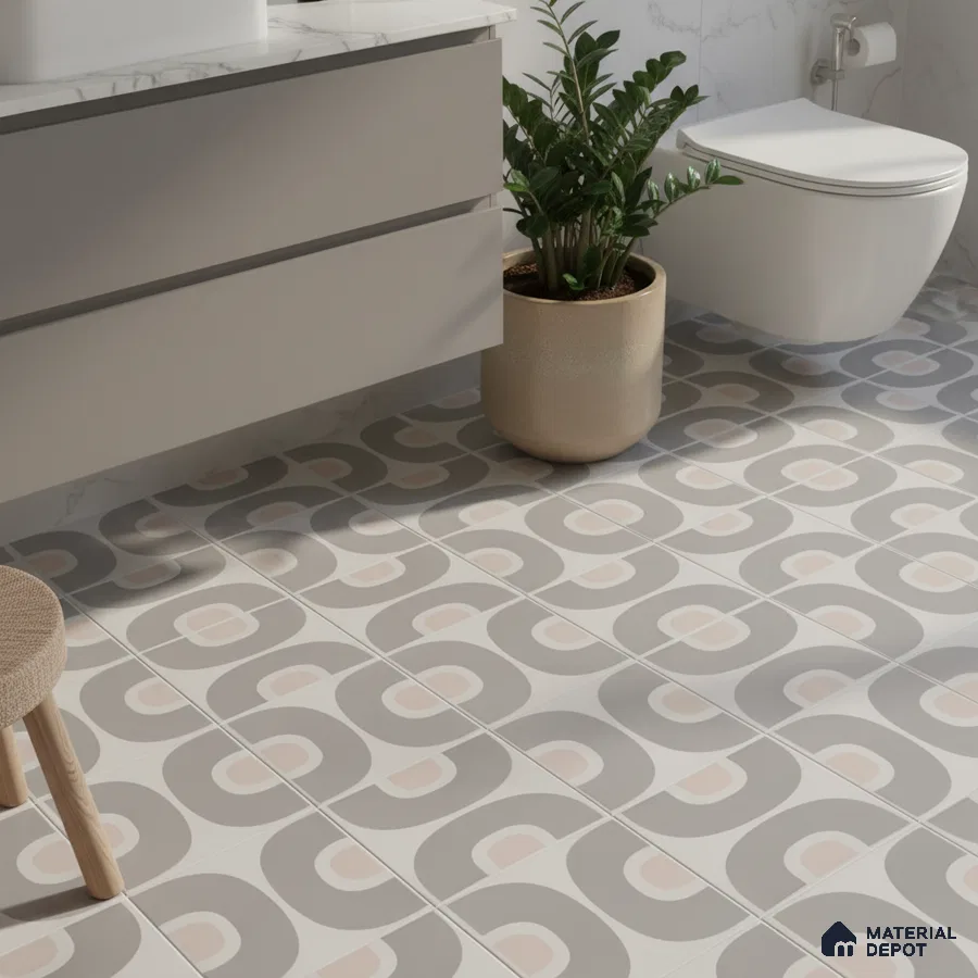 Modern bathroom with geometric patterned floor tiles and matte beige vanity