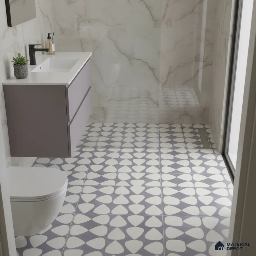 Modern bathroom with marble-look wall tiles and geometric patterned floor tiles